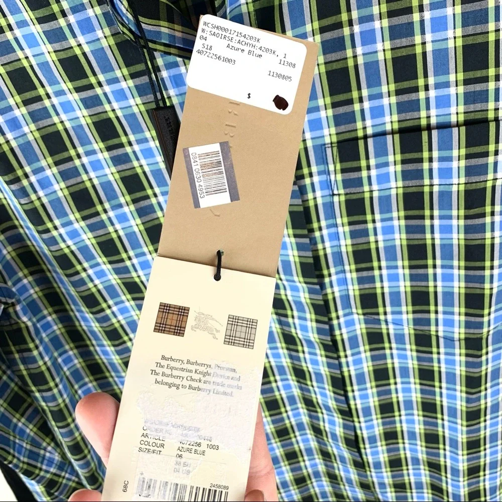 Burberry Saoirse Plaid Long Sleeve Silk Trim Button Shirt Azure Blue - Picture 10 of 16